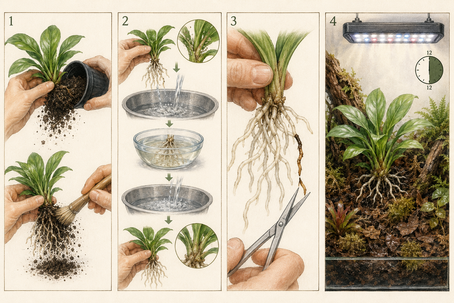 Four-panel instructional illustration showing nursery soil removal, root rinsing and inspection, damaged-root trimming, and planting under a full-spectrum light