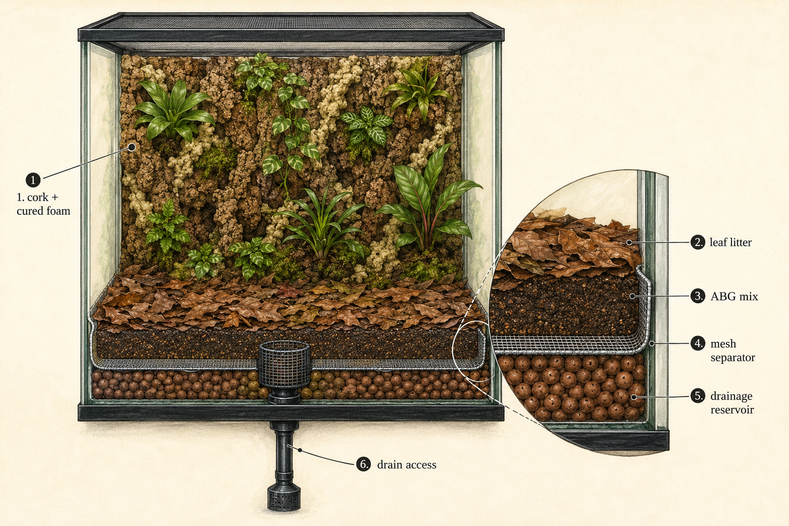 Instructional cutaway illustration of a vivarium showing cork and cured foam, leaf litter, ABG mix, mesh separator, drainage reservoir, and drain access