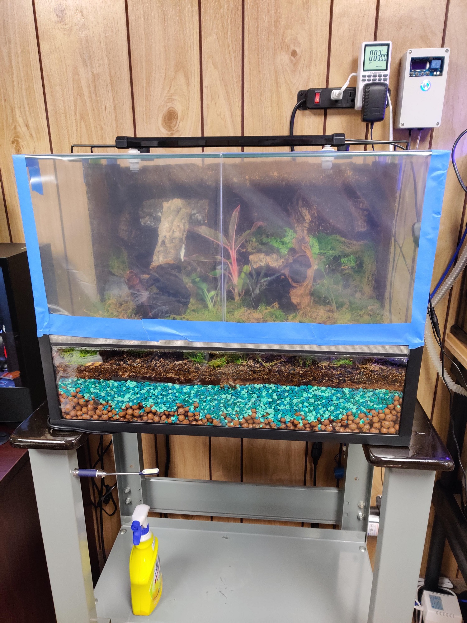 Completed vivarium showing the drainage reservoir, separator, substrate, and planted surface in cross-section